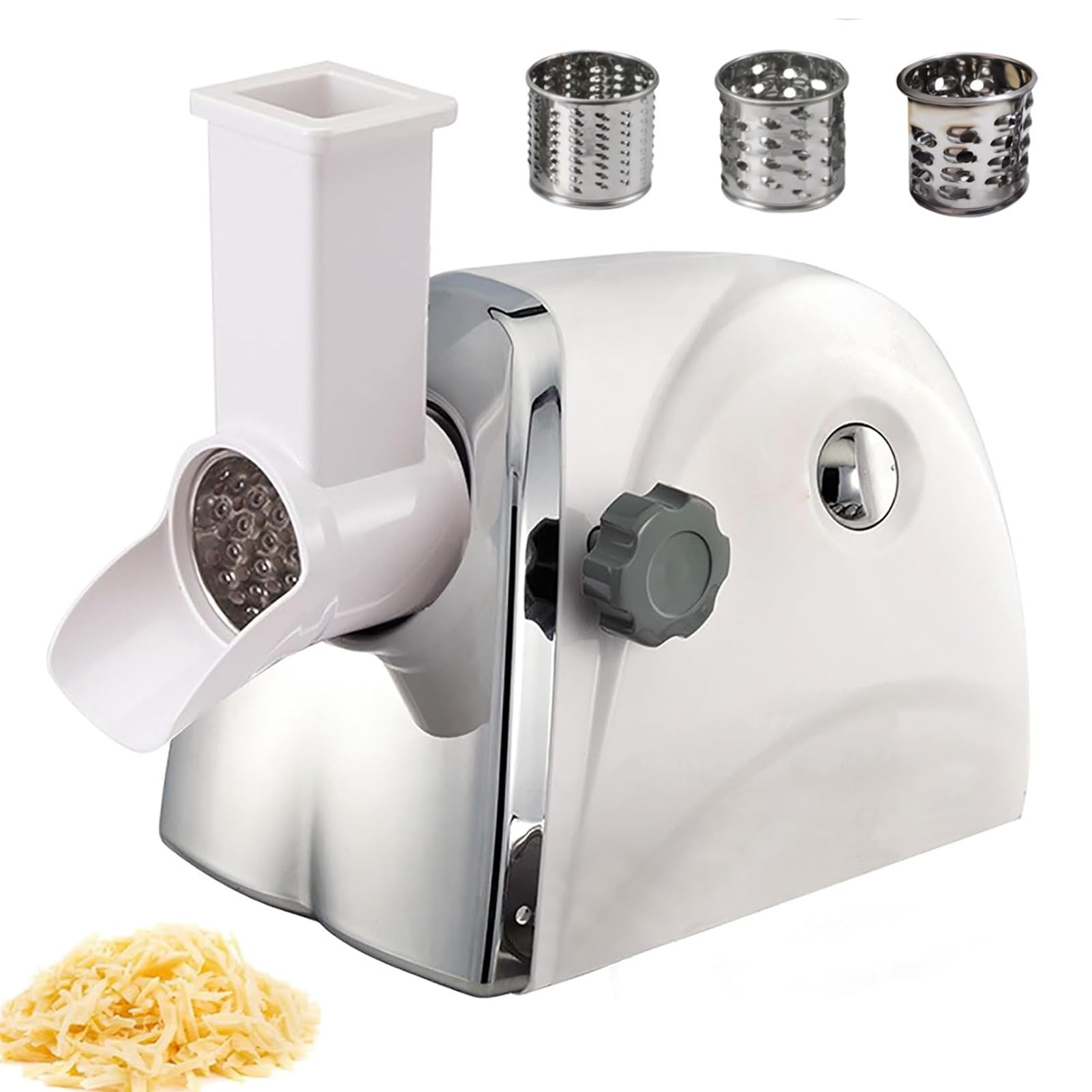 Grattugia elettrica per formaggio, 300 W, con 3 lame a tamburo per grattugiare senza sforzo, preparazione rapida di verdure e insalate, versatile elettrodomestico da cucina