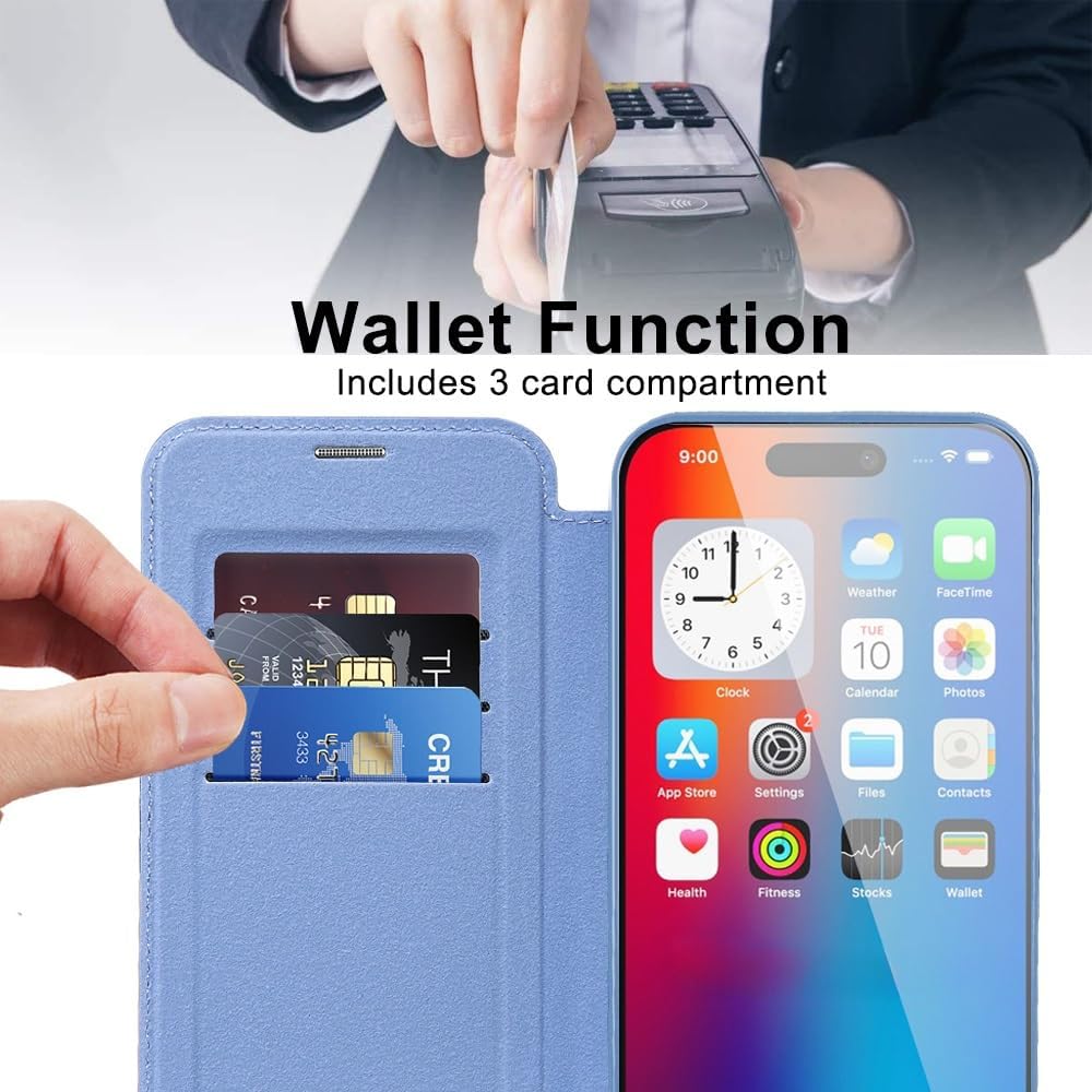 Smartphone Flip Cover Wallet Case for iPhone 16 Pro 6.3", Premium Flip PU Leather Cover with 3 Card Slots & RFID Blocking, Magnetic Clear Back Shockproof Protection(Blue) image 2