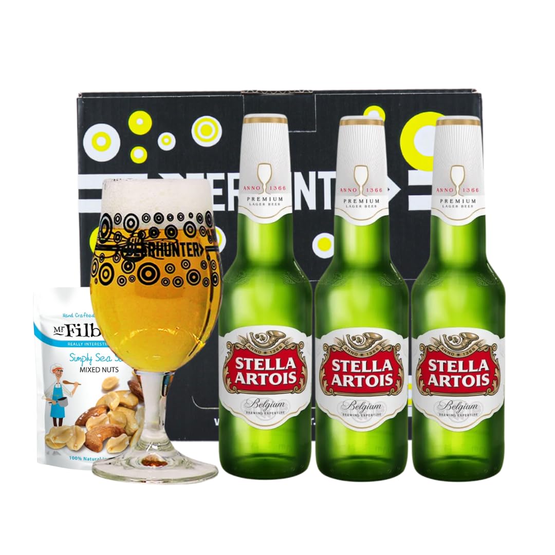 Stella Artois Belgian Premium Lager Gift Set – 3 x 330ml Bottles (4.6% ABV) with Beerhunter Glass & Mr Filberts Snacks | Classic Belgian Beer Gift Box for Him or Her