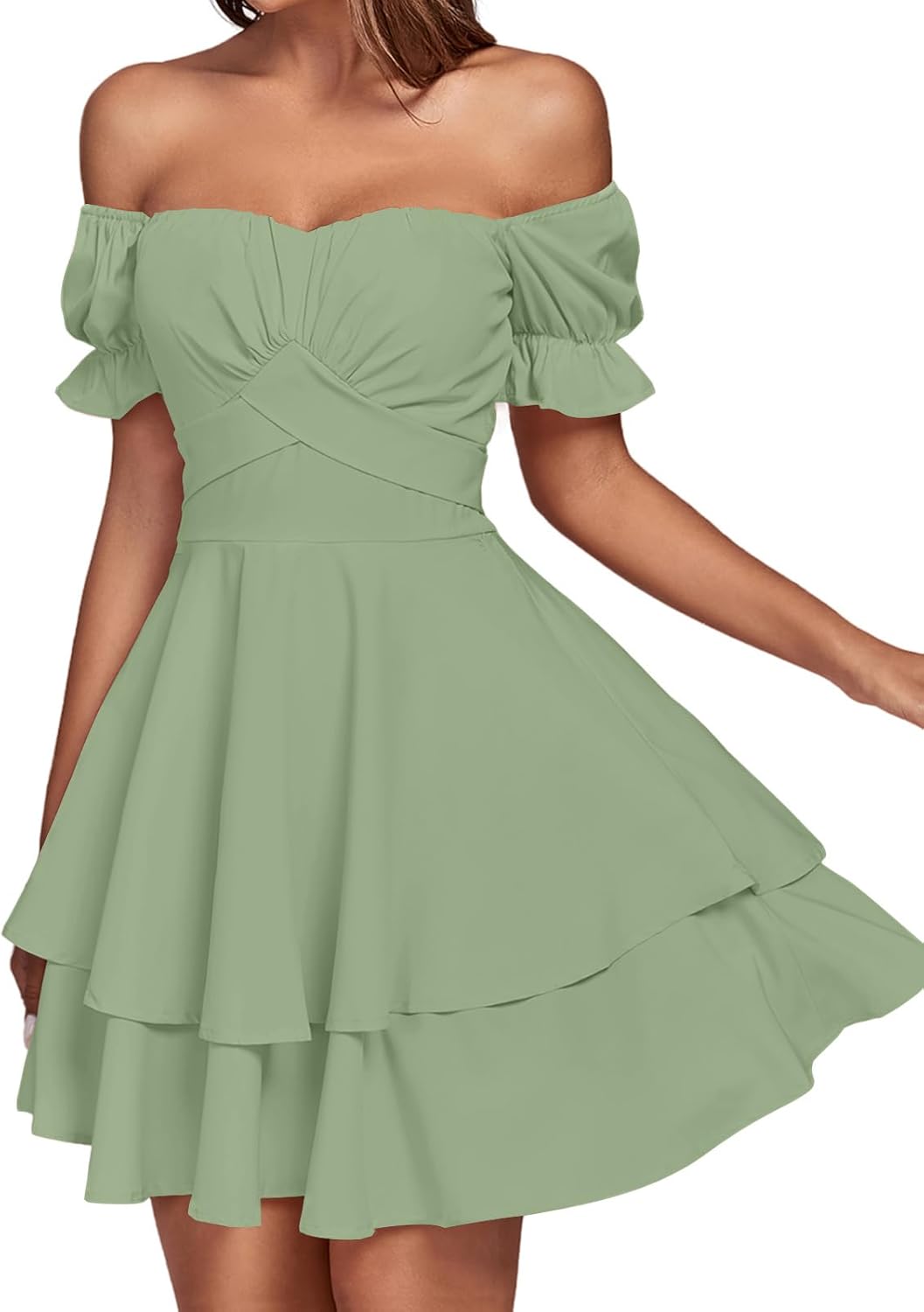 LYANER Women's Tie Back Off Shoulder Wrap Layer Ruffle Short Sleeve Mini Dress - Image 4