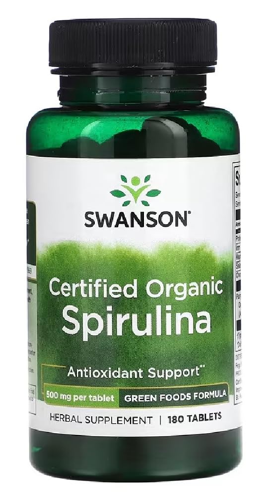 Swansons Swanson - Organic Spirulina | Alkalizing Superfood for Energy, Detox & Immune Support | 500mg - 180 Tablets