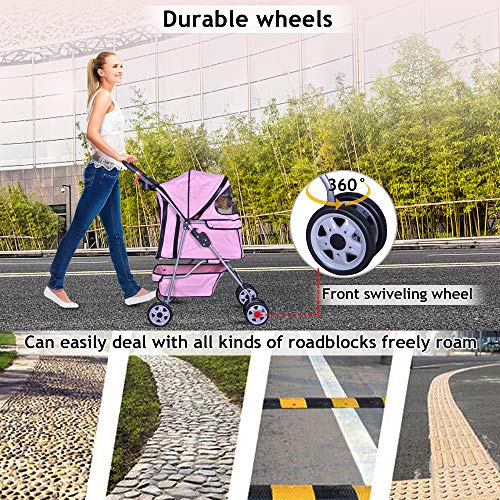 4 Wheels Pet Stroller Cat Dog Cage Stroller Travel Folding Carrier With Cup Holders And Removable Liner For Small-Medium Dog, Cat (Pink) #TOP3