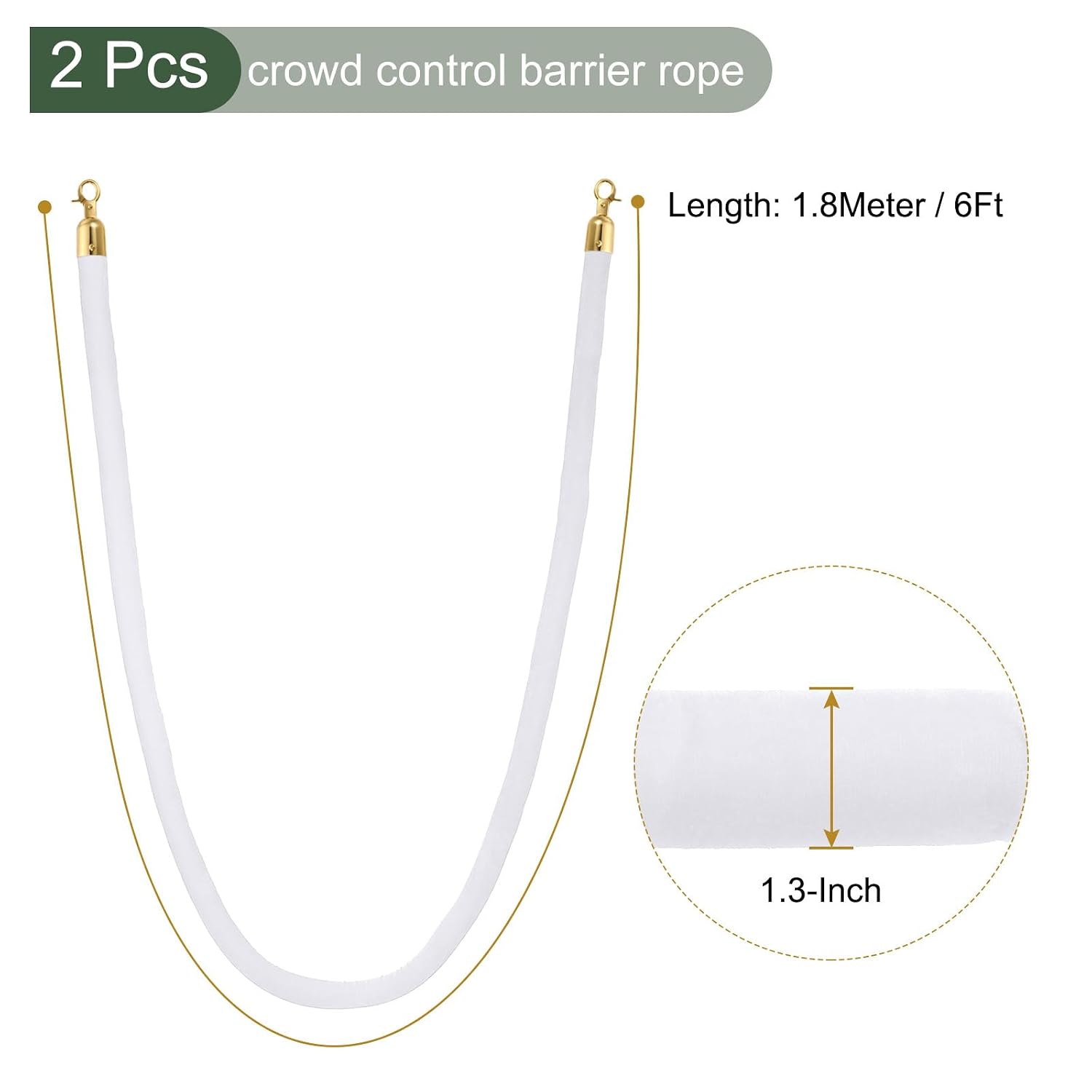 YOKIVE 2 Pcs White Velvet Stanchion Rope Crowd Control Barrier Rope, Manage The Crowd, Great for Hotels, Theaters, Ticket Offices (Golden, 6 Feet)