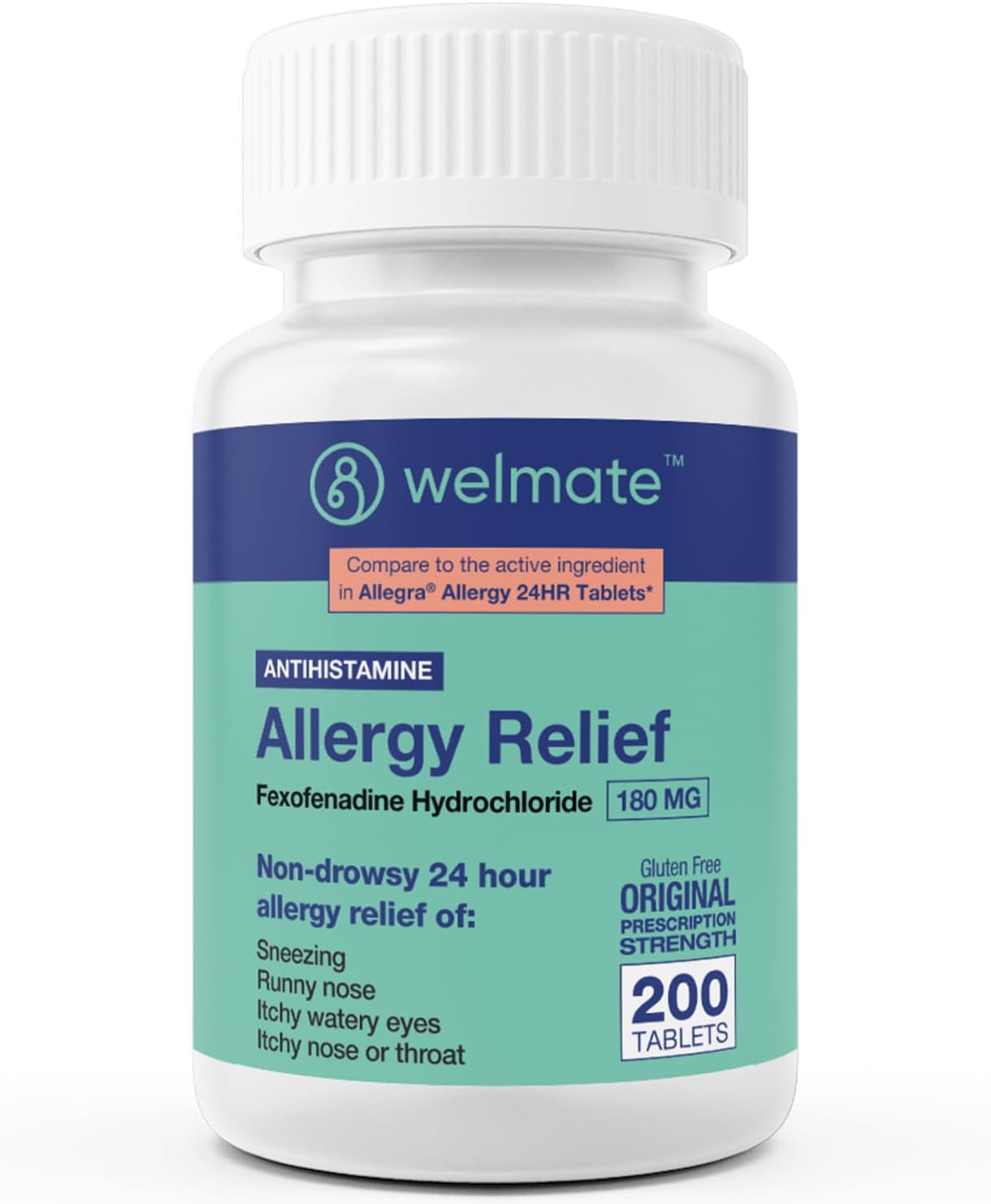 WELMATE | Allergy Relief | Fexofenadine HCl 180 mg | 24 Hour Non-Drowsy Antihistamine | Sneezing | Runny Nose | Itchy Eyes, Nose & Throat | Indoor & Outdoor Allergy Relief Tablets | 200 Count