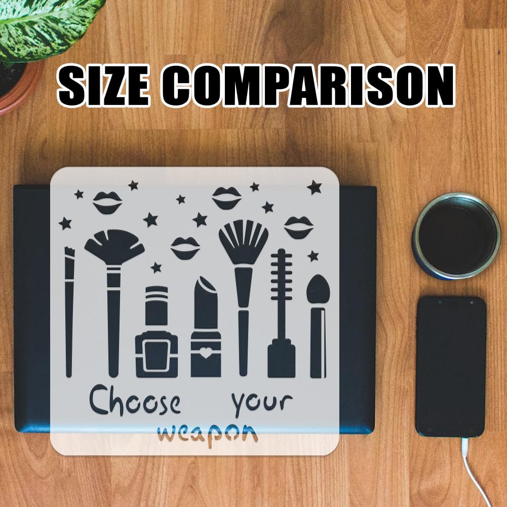 FINGERINSPIRE Choose Your Weapon Stencil for Painting 30x30cm Reusable Cosmetic Brush Template Cosmetic Lipsticks Nail Polish Stencil Lip Stars Pattern Words Template for DIY Crafts Project - Image 3