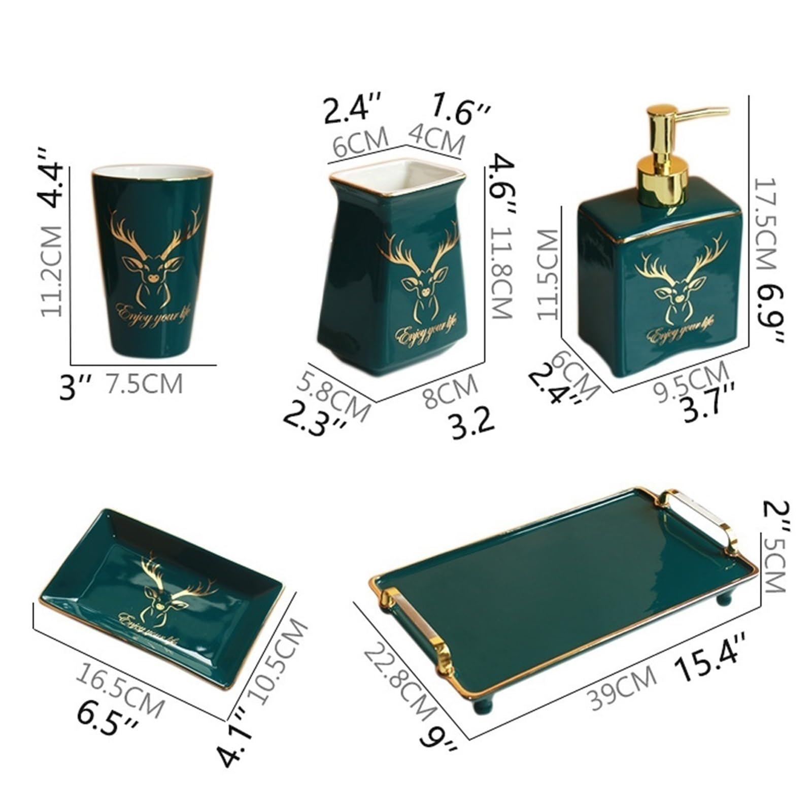 6-teiliges Badezimmer-Zubehörset mit Elch- und Hirschmuster, 5-teiliges Badezimmer-Zubehörset aus grüner Keramik, Seifenspender, Zahnbürstenhalter, Seifenschale, Becher und Tablett Badeset(6 Pcs)