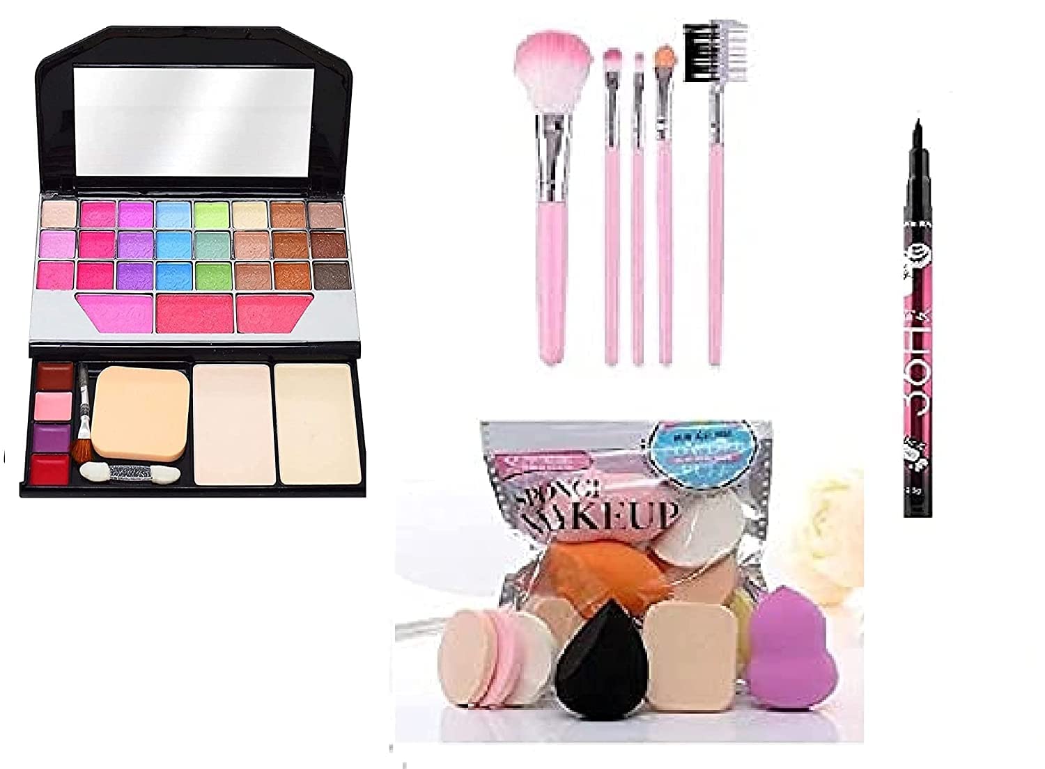 TYA 6155 Multicolour Makeup Kit with 5 Pcs Pink Makeup Brush + 6 Piece Makeup Sponges + 1 Eyeliner Black - (Pack of 13)