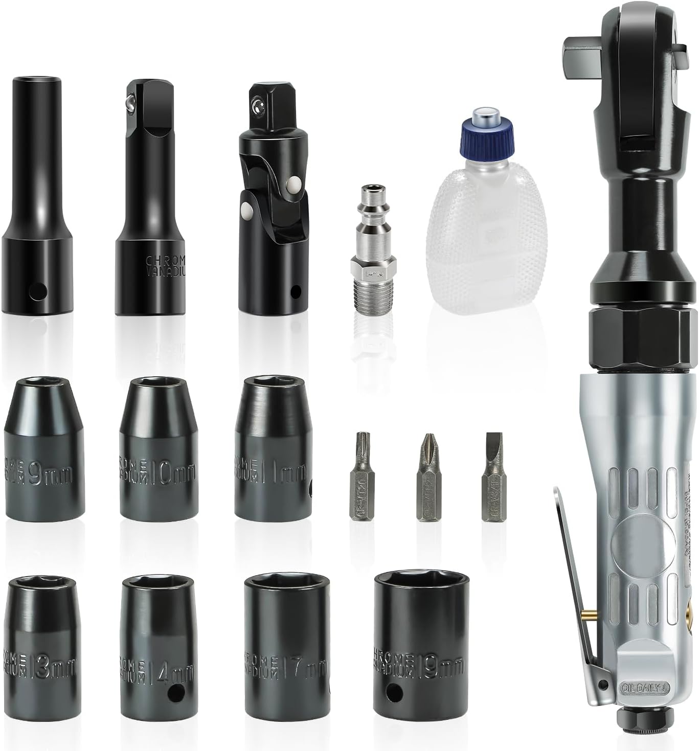 Auto Dynasty 17 Pieces 1/2" Air Ratchet Wrench Kit Set Heavy-Duty Aluminum Body, 50 ft-lb Max Torque, 160 RPM Speed, Versatile Pneumatic Sockets