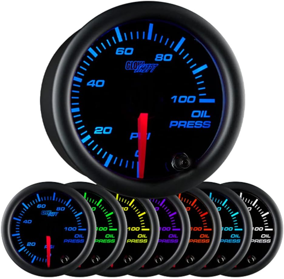 GlowShift Black 7 Color 100 PSI Oil Pressure Gauge Kit - Includes 1/8-27 NPT Electronic Sensor & Wiring - Multi-Color Display - Black Dial - Clear Lens - for Car & Truck - 2-1/16" 52mm