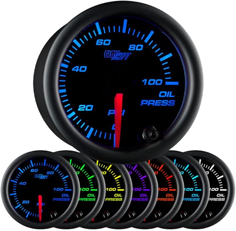 Manômetro de pressão do óleo GlowShift Black 7 Color 0–100 PSI com sensor eletrônico – 52 mm