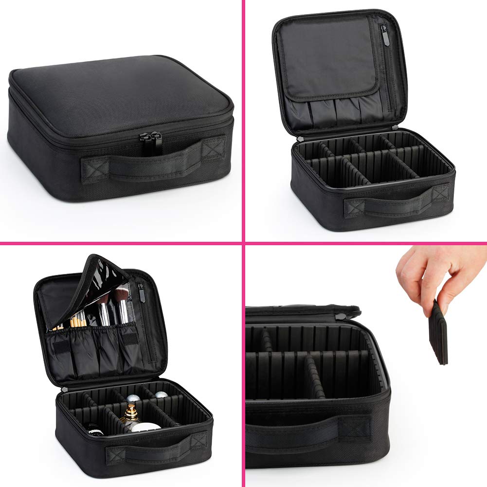 A&A Travel Makeup Train Case - Small Cosmetics Bag with Adjustable Dividers Suitcase Toiletry Organizer Box for Women or Girls Black