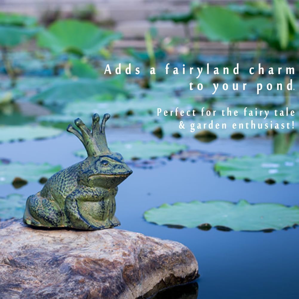Cast Iron Frog Garden Statue Decor, Frog Pond Sitter Figurine, Frog Sculpture 6.3inches with Crown for Patio, Frog Garden Accent, Cute Outside Ornament, Heavy Duty Weights 4.4lbs