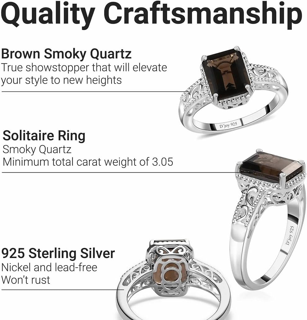SHOP LC DELIVERING JOY Brown Stone Smoky Quartz Ring for Women 925 Sterling Silver - Vintage Statement Crystal Jewelry for Bride - Cute Women Her Engagement, Wedding, Anniversary - Gifts for Women