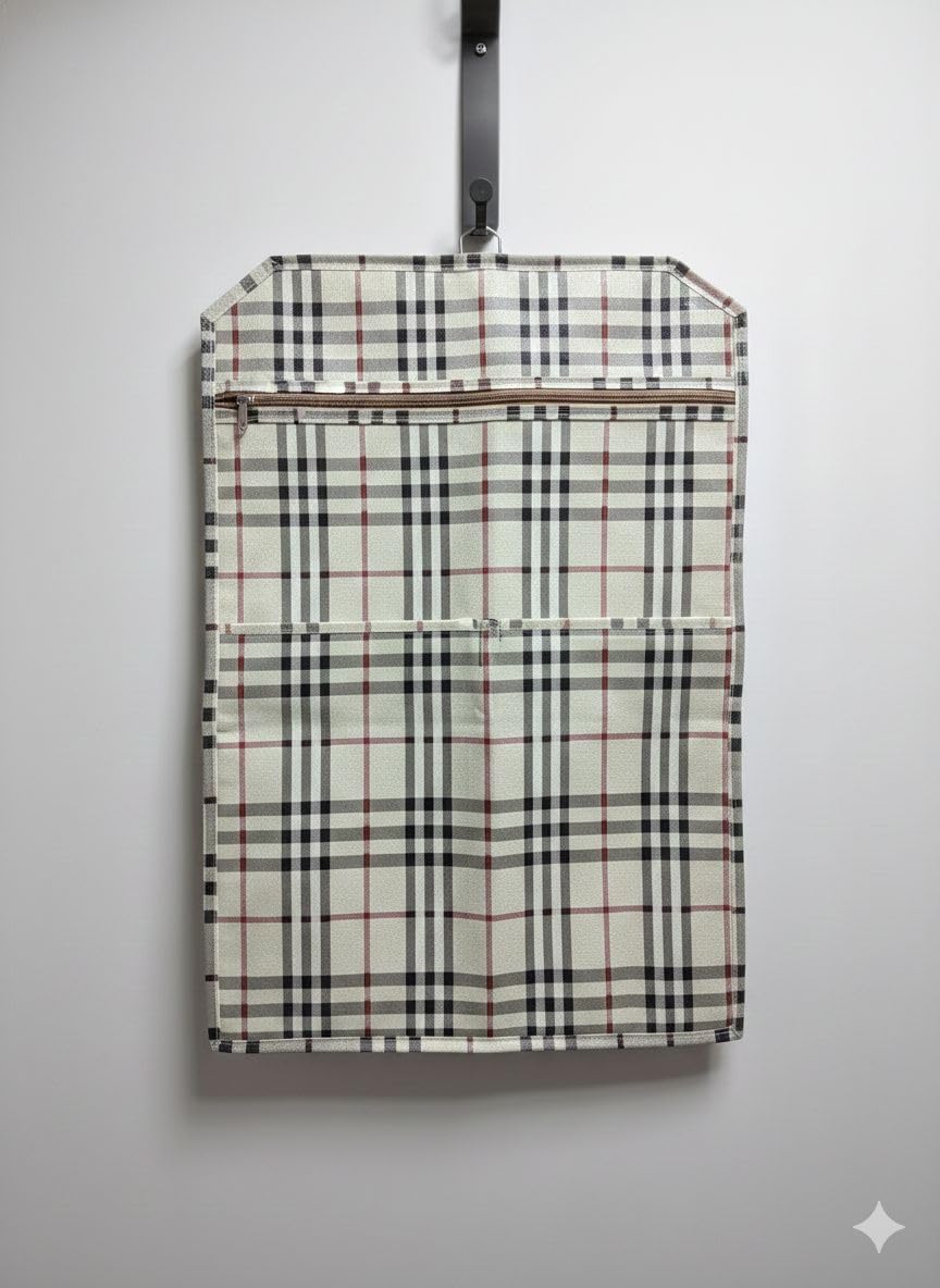 Multi-Pocket Wall & Wardrobe Hanging Document Organizer | 10 Pockets for Passport, Aadhaar, PAN Card, Passbook & Bank Cards | Space-Saving Home & Travel Document Manager (Checkered Design) 3