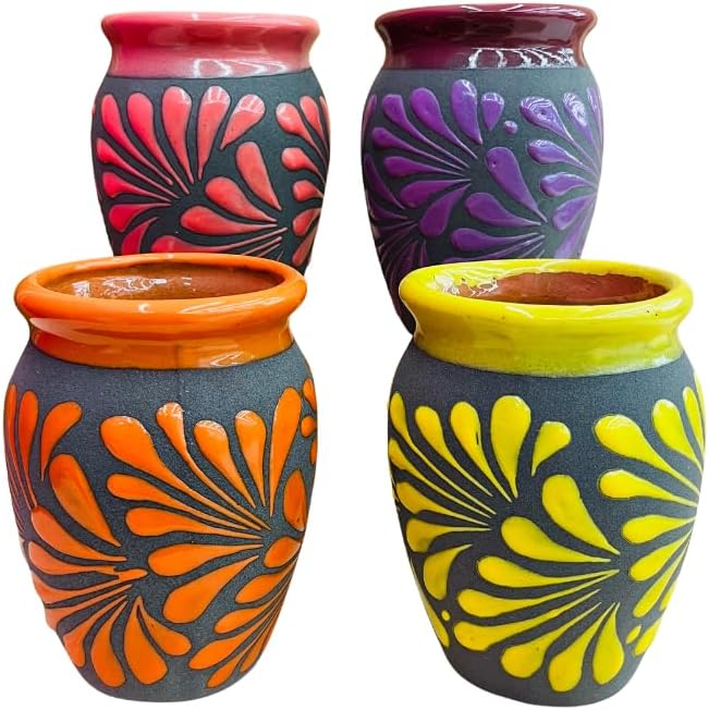 Set of 4 Black Rainbow Espiga Plumeado Cantarito Cup - Margaritas Cups - Cielito Lindo - Mexican Clay