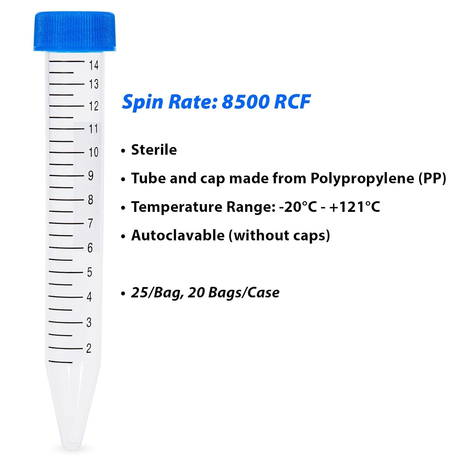 Globe Scientific 6285 Polypropylene Centrifuge Tube with Attached Blue Flat Top Screw Cap, Sterile, Printed Graduation, Bag Pack, 15mL Capacity (Case of 500)