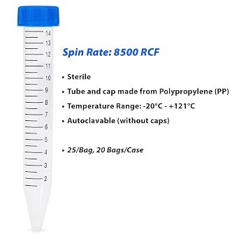 Globe Scientific 6285 Polypropylene Centrifuge Tube with Attached Blue Flat Top Screw Cap, Sterile, Printed Graduation, Bag Pack, 15mL Capacity (Case of 500)
