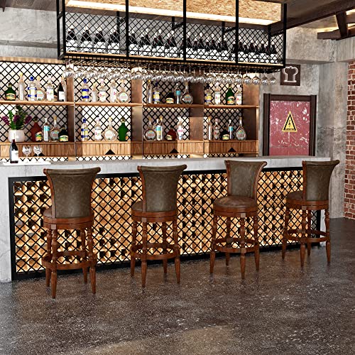 Bar Stools With Swivel Seat Set Of 4, 30.1” Bar Height Chairs With Carving Solid Wood Leg, Faux Leather Upholstered, Mid-Century Home Bar Stools For Living, Yellowish Brown Seat & Cherry Leg Gby1533Bn #TOP20
