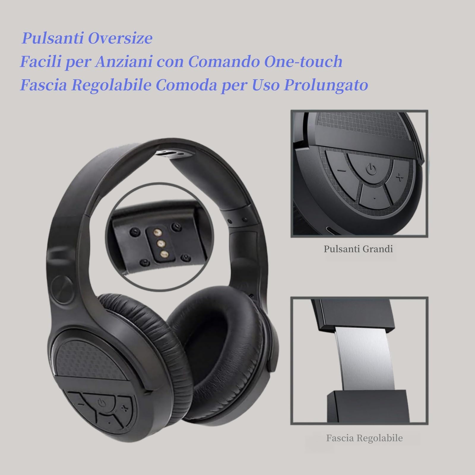 Cuffie TV Wireless per Anziani con Tasti Grandi, 15H Autonomia & 0 Ritardo, Base di Ricarica con Trasmettitore 2.4GHz, Cuffie Bluetooth Over-Ear, Compatibile con TV, Uscita Ottica Digitale/RCA/3.5mm