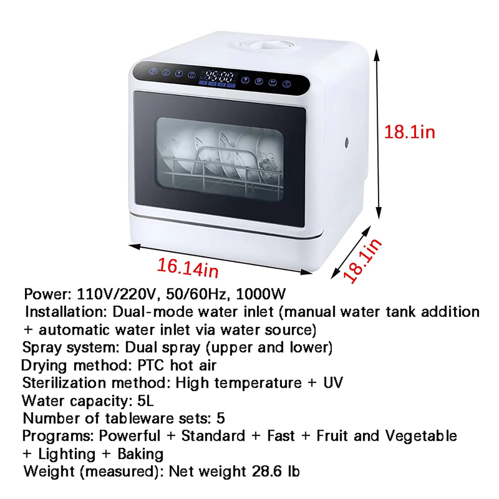 Lavavajillas portátil encimera 4 programas lavado secado por aire caliente, lavavajillas automático pequeño sobremesa, conexión grifo o llenado manual, ahorro de energía for 4 a 6 personas