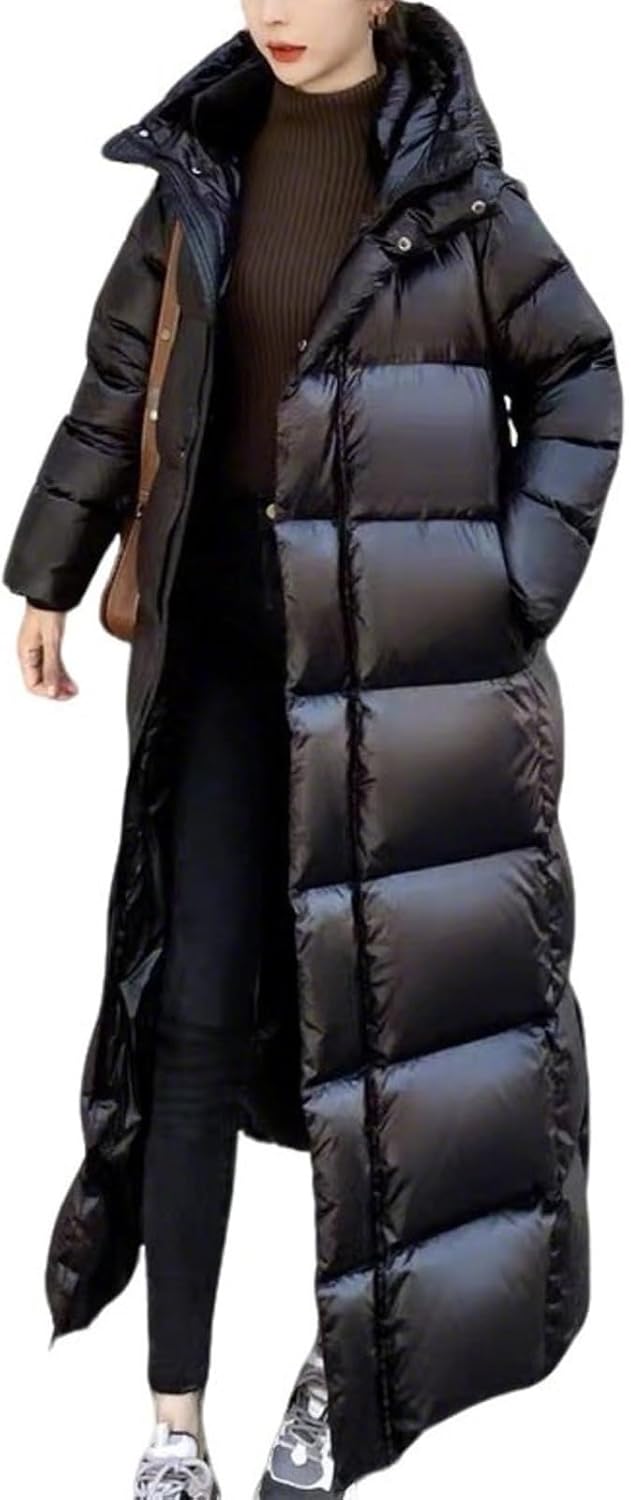 Long Puffer Coat Women Winter Warm Full Length Long Sleeve Hooded Maxi Down Jacket Outerwear with Pockets,Black,XXL