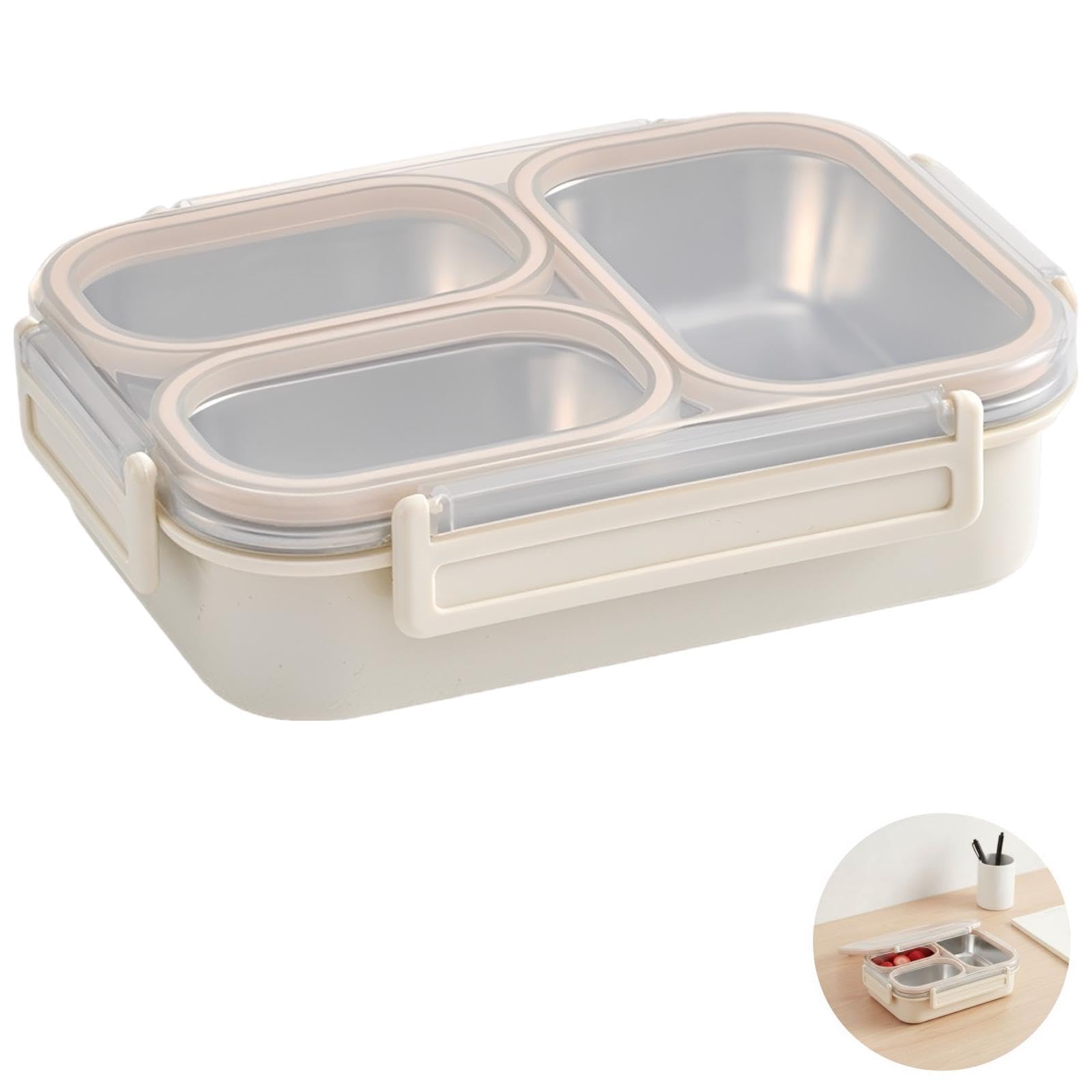 Boîte repas beige en acier inoxydable 201, 3 compartiments sans fuite avec coque en PP et couvercle à clips, pour le travail et la préparation des repas