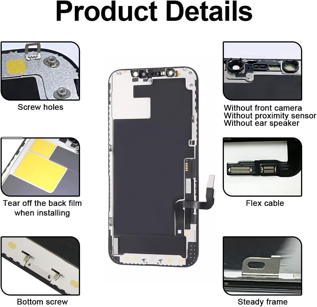 Dinow écran pour iPhone 12-iPhone 12 Pro OLED (Noir) 6,1" écran Tactile de Remplacement, écran iPhone 12/12 Pro Digitizer Frame Assembly avec Full-HD 3D Touch + Tool Kit- 12/12Pro Universal