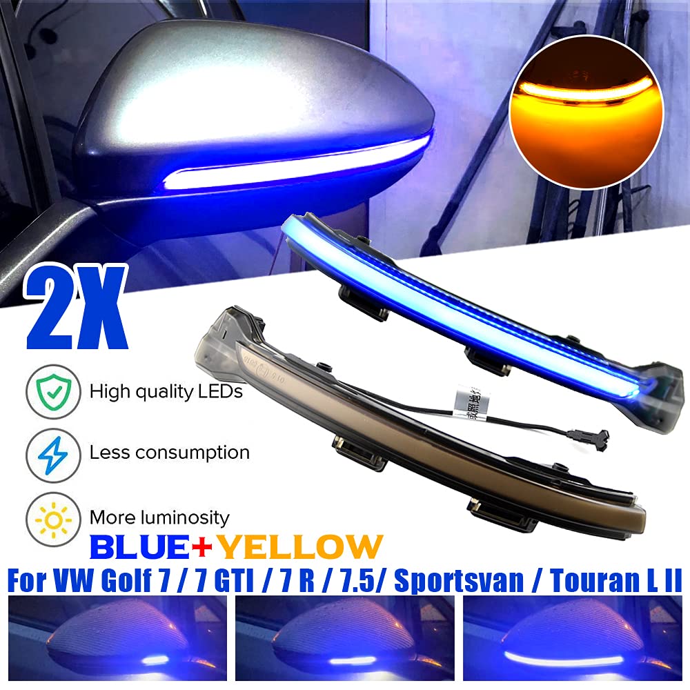 LED dynamiczny włączony kierunkowskaz, lusterko boczne sekwencyjne Kompatybilny z VW Golf 7 Jet-ta MK7 VII GTI R MK7 Golf 7.5 kompatybilny z To-uran-niebieski i żółty