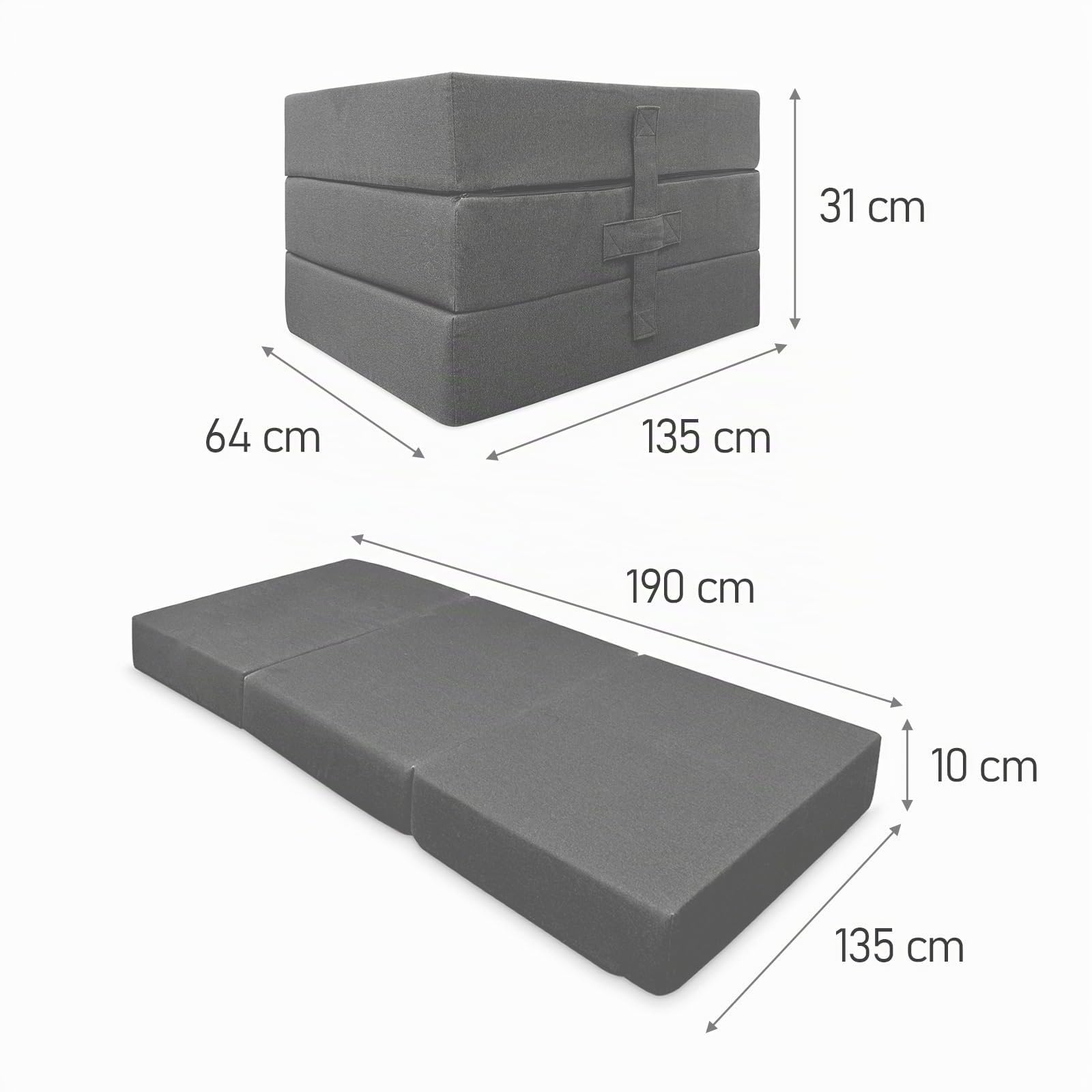 Duérmete Online - Colchón Plegable Eureka para Invitados con Cierre y Asa, Espuma de Gran Densidad y Funda en Tejido Transpirable Gris Oscuro, Desenfundable