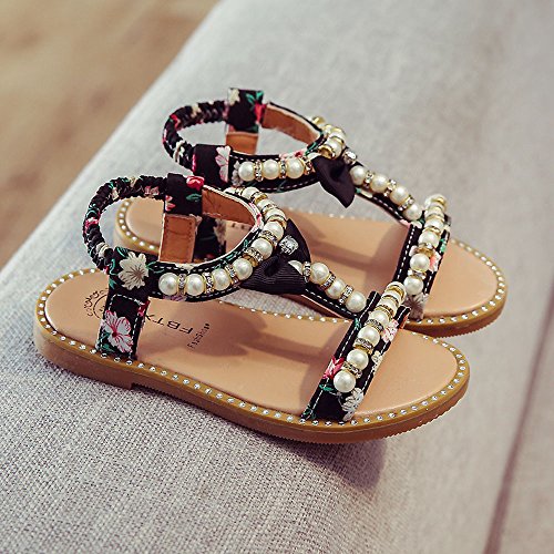 White Sandals for Girls Kids Baby Girls Sandals Bowknot Pearl Crystal Roman Sandals Princess Shoes (Black, 21)3