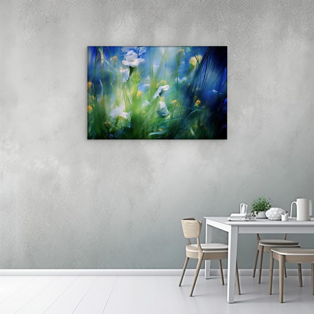 Canvas for Living room. A Meadow Dreamscape: Where White Blossoms Dance Amidst Whispers of Green, 27 x 18 inch Canvas Wall Art - Contemporary Masterpieces - Inspirational Office Decor