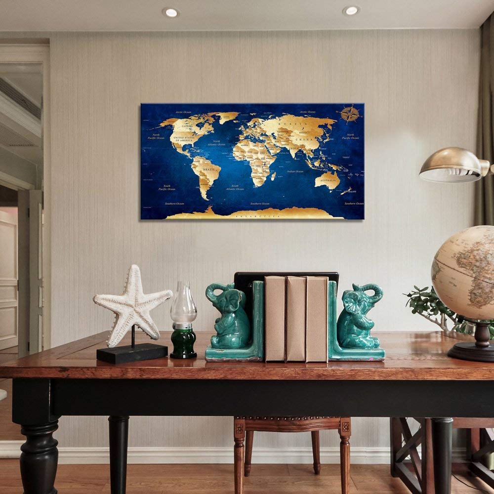 Amazon.com: Wall Art Blue Map of The World Painting Large Framed