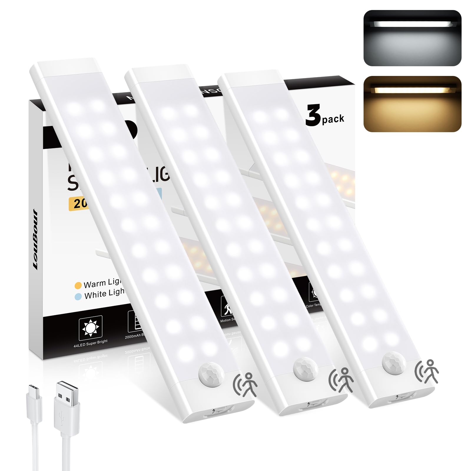 Under Cabinet Kitchen Lights, 44 LED 20 CM Motion Sensor Lights Indoor, 3 Pack Cupboard Lights 2000mAh Type-C Rechargeable Night Light with Magnetic Strip 2 Color Temps for Wardrobe, Closet, Stairs