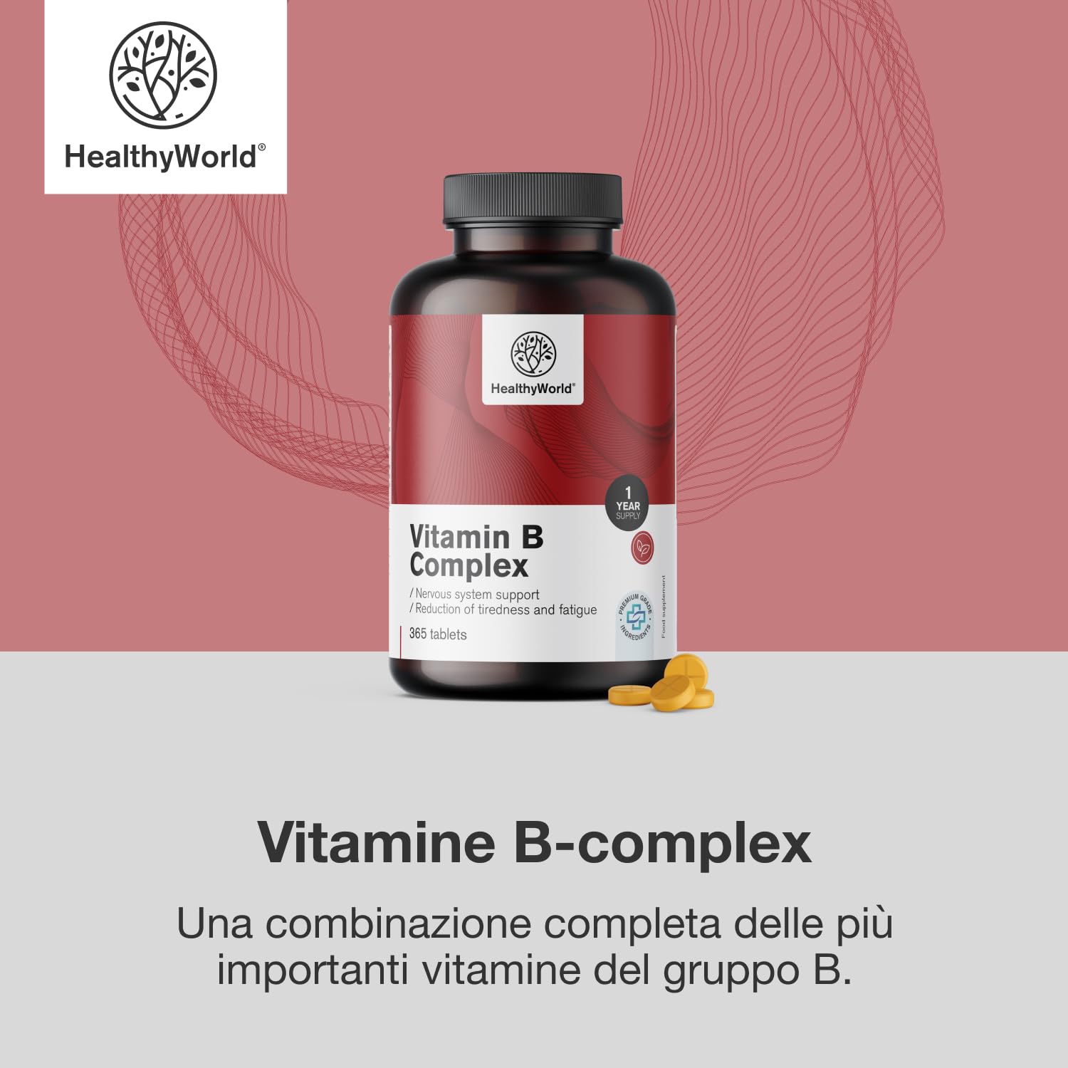 HealthyWorld® Vitamine B-complex - 365 compresse - Scorta Annuale - 8 vitamine del gruppo B - B1 B2 B3 B5 B6 B7 B9 B12 - Aumento di Energia, contro la Stanchezza - Supporto Completo del Corpo