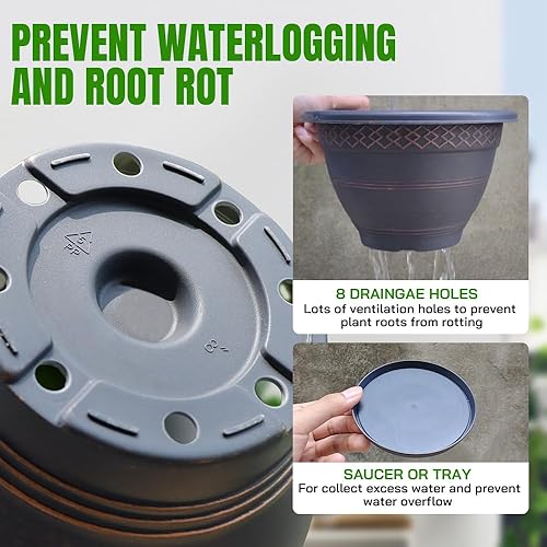 Miniatura 2 de Paquete de 4 Macetas de Plantas de 10 Pulgadas, Maceta de Flores de Plástico para Interiores y Exteriores con Agujeros de Drenaje y Platillo,