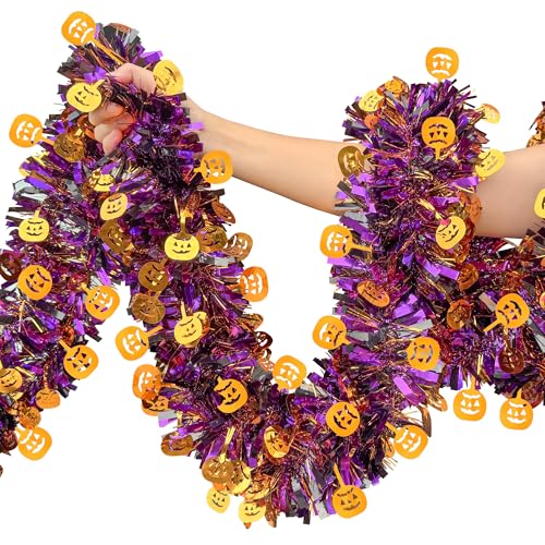 Watayo 52.5 Ft Halloween Tinsel Garland Decorations, Spooky Pumpkin Shiny