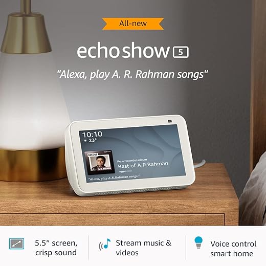 Echo Show 5 (2nd Gen, 2021 release) – Smart speaker with 5.5″ screen, crisp sound & hands-free entertainment with Alexa (White)