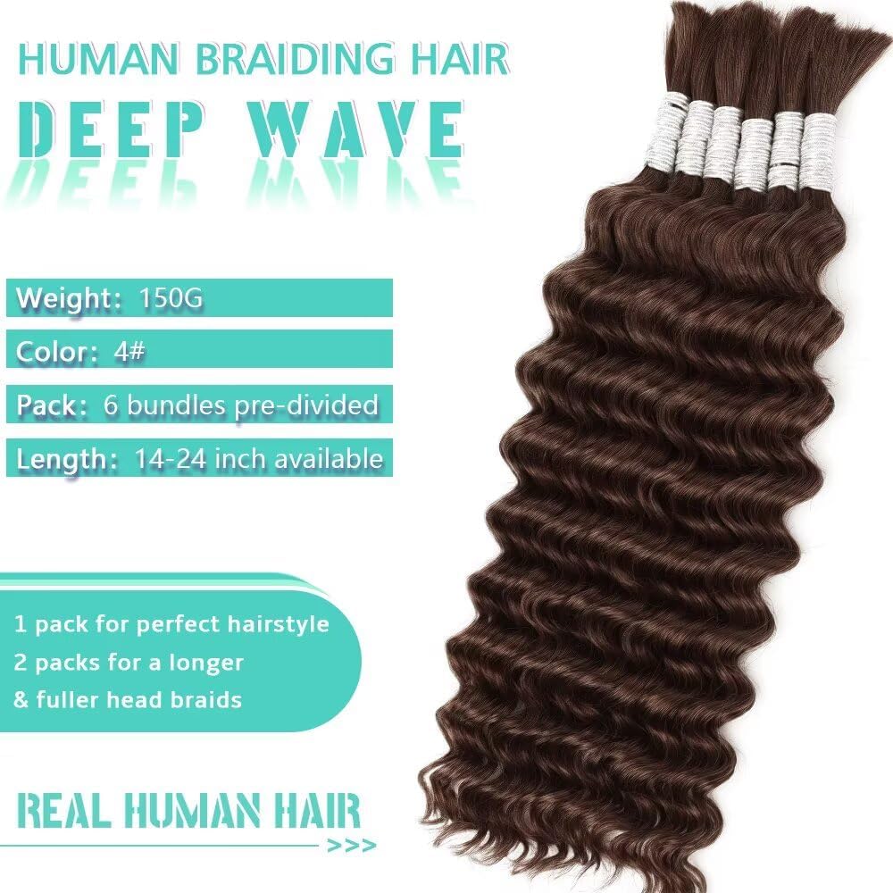 Human Braiding Hair for Boho Braids Bulk Human Hair 6 Bundles/Pack Deep Wave Bulk Boho Hair for Braiding 150g 18 Inch No Weft Wet and Wavy Curly Knotless 12A Brazilian Virgin Chocolate Brown 4# image 2
