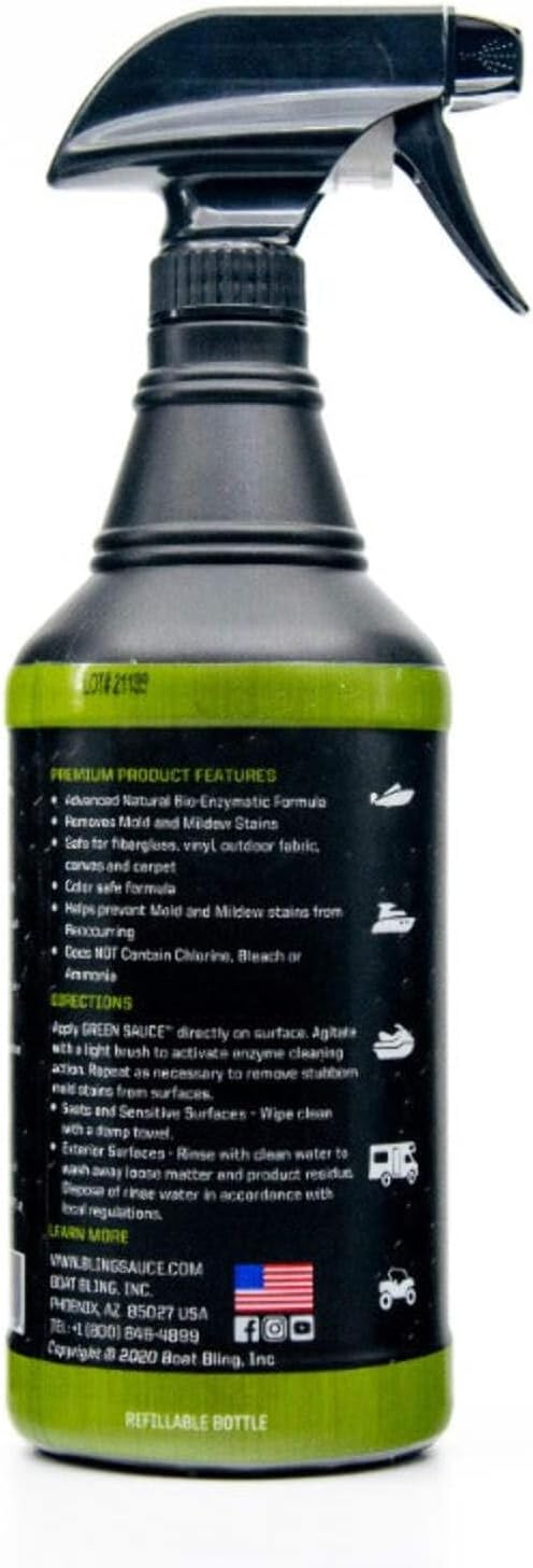 Boat Bling Green Sauce Enzyme-Based Stain Remover for Boat Interiors and Exterior, 32 oz.
