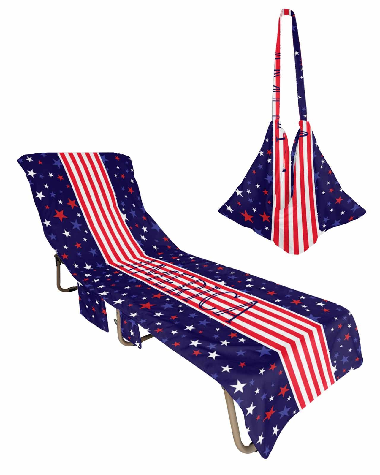 4th of July Beach Chair Towel Covers for Chaise Lounge with Side Pocket, Soft Plush Pool Towels Cover for Patio Sunbathing Outdoor 29''x85'' Red Blue Stripes Stars Patriotic Memorial Day