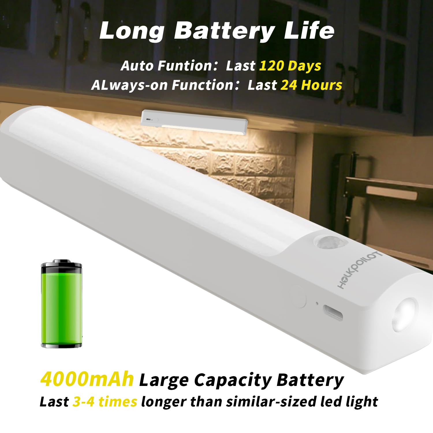 HOLKPOILOT Motion Sensor Light Indoor, 4000mAh Under Cabinet Lights, 40-LED Wireless Under Counter Closet Lights, USB Rechargeable White Flashlight, Night Lights for Kitchen, Wardrobe, Camping (2Pack)