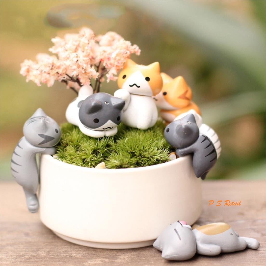 BHOOLU&GOOLU Plastic Lazy Cats Showpiece, 3-4cm, Multicolour, Pack of 6