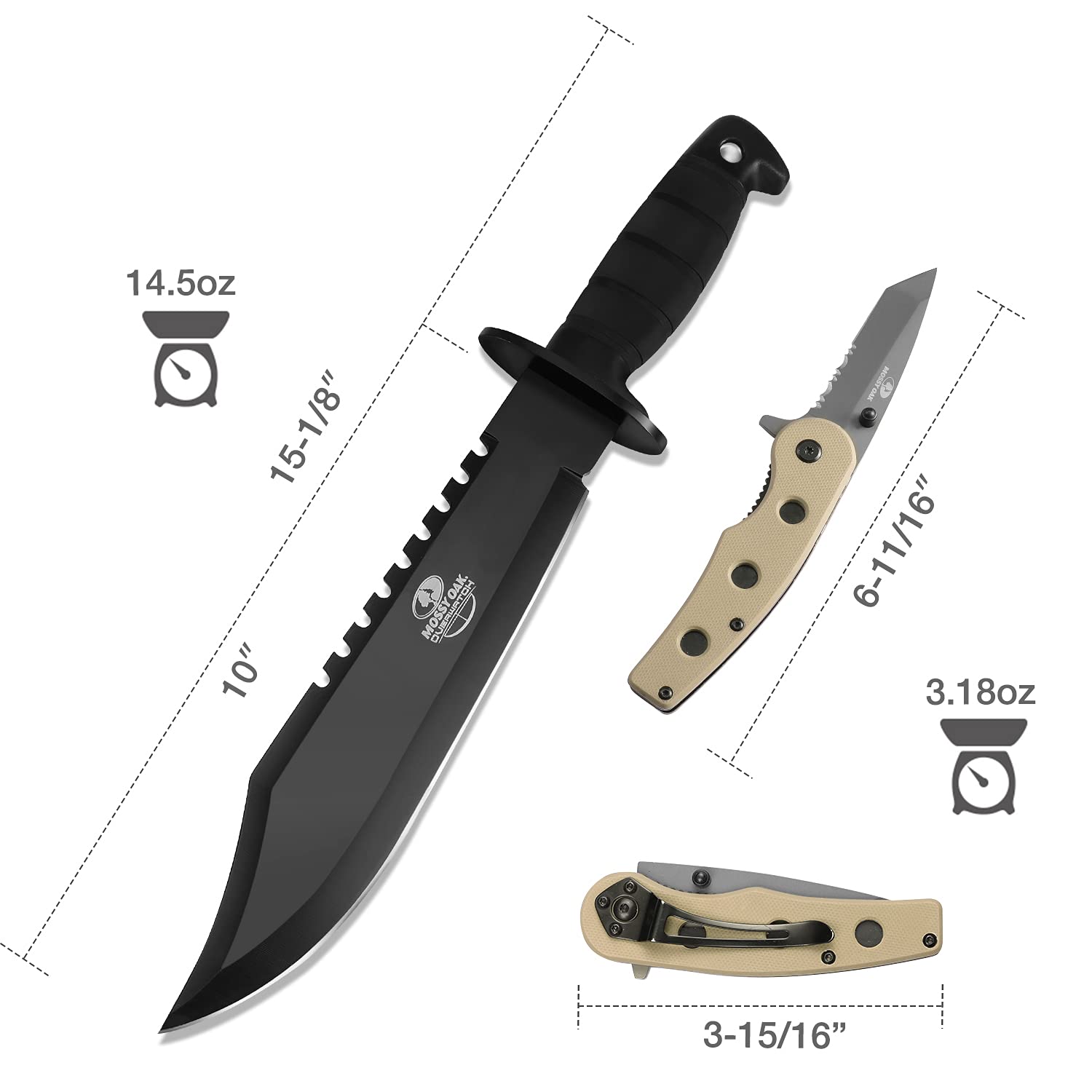 Mossy Oak 15inch Survival Bowie Knife & Folding Pocket Knife, Fixed