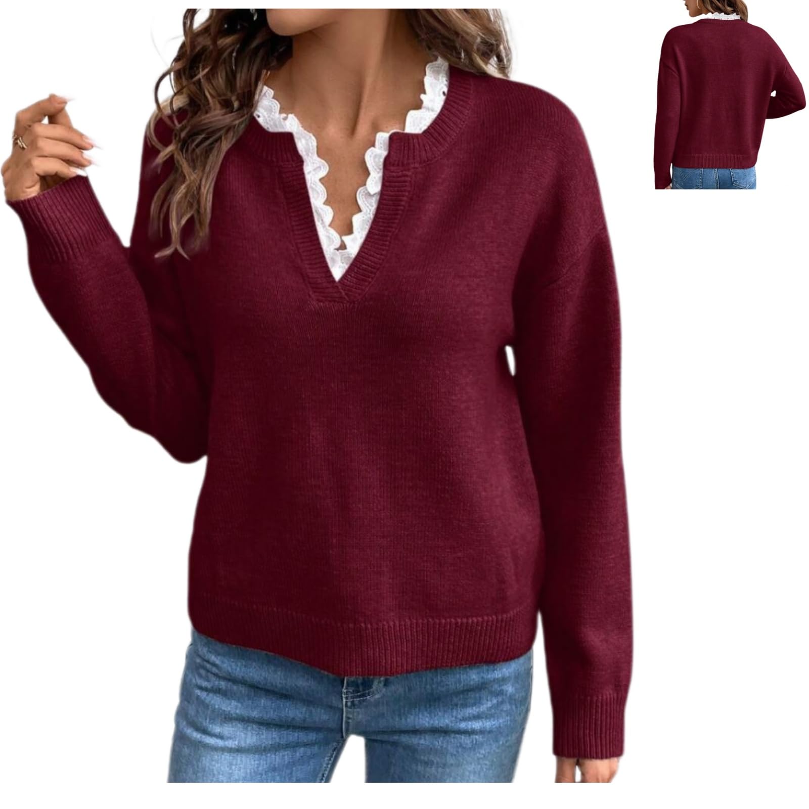 Maglione da donna in pizzo con scollo a V a maniche lunghe in maglia