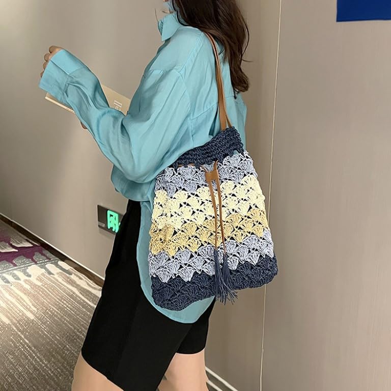 Image of MAIRO LIFESTYLE Straw Wicker Handmade Boho Summer Beach Drawstring Tote Bag