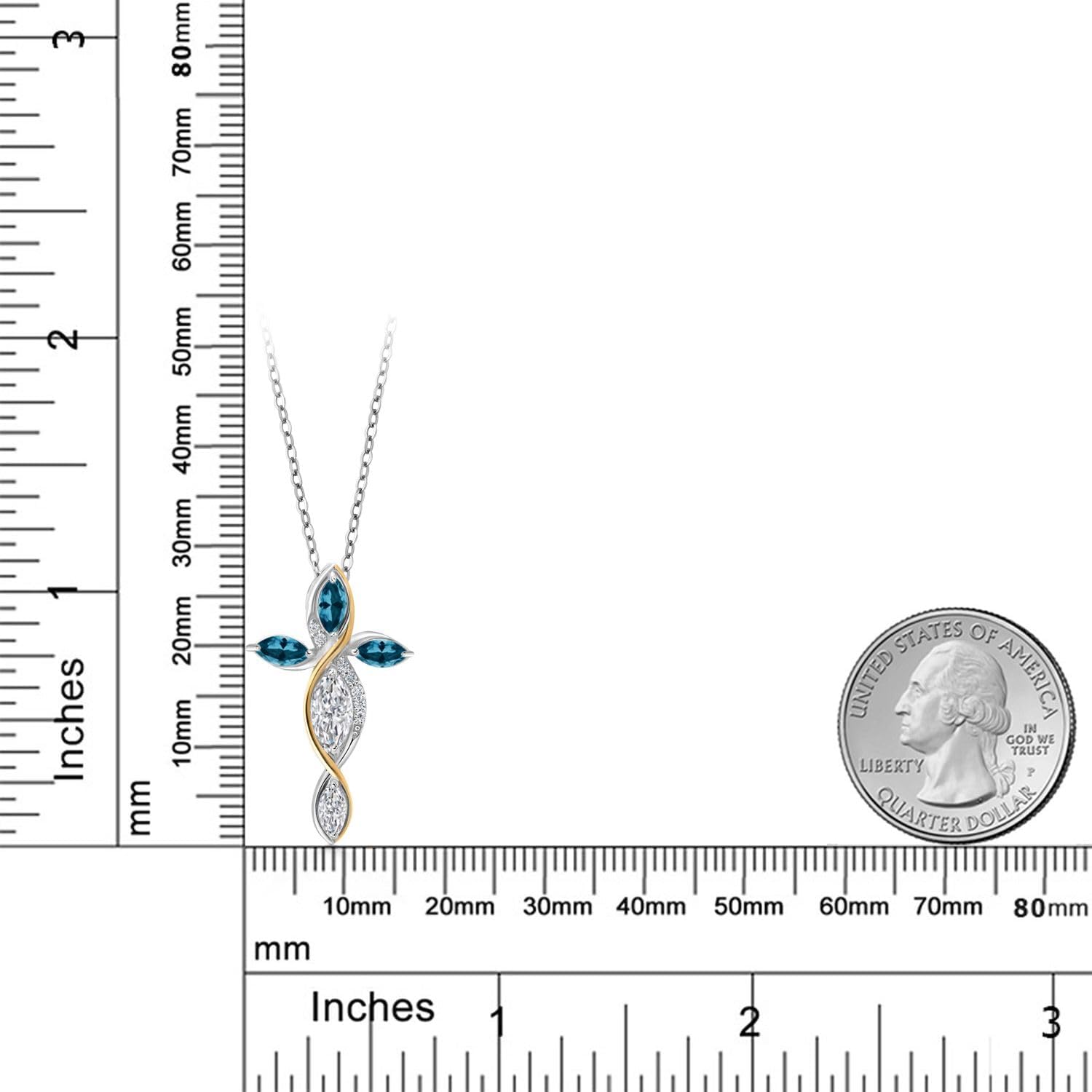 Cross Necklace For Women In 925 Silver and 10K Yellow Gold with Lab Grown Diamond and London Blue Topaz | 1.46 Cttw | Jesus Christian Religious Crucifix | Marquise Cut 8X4MM | With 18 Inch Chain - Image 2