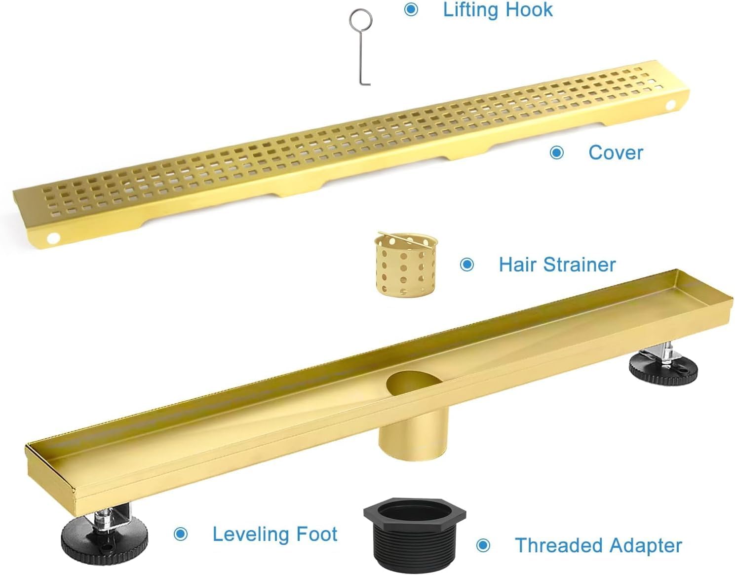 Linear Shower Drain, 18 inch Gold Drain with Removable Grate Cover, Brushed 304 Stainless Steel Shower Floor Drain, Linear Drain with Hair Strainer and Adjustable Feet