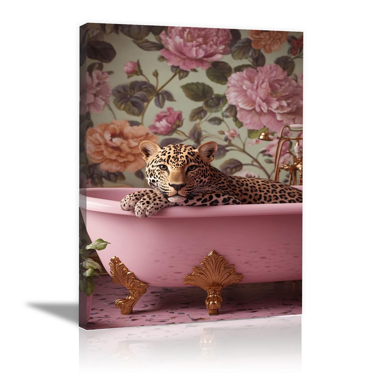 QUSAAOU Canvas Pictures Leopard w różowej wannie z tapetą kwiatową, plakat z motywami zwierzęcymi, nadaje się do dekoracji ścian w sypialni, kuchni, biurze i łazienkach, kolor różowy, 60 x 90 cm, w