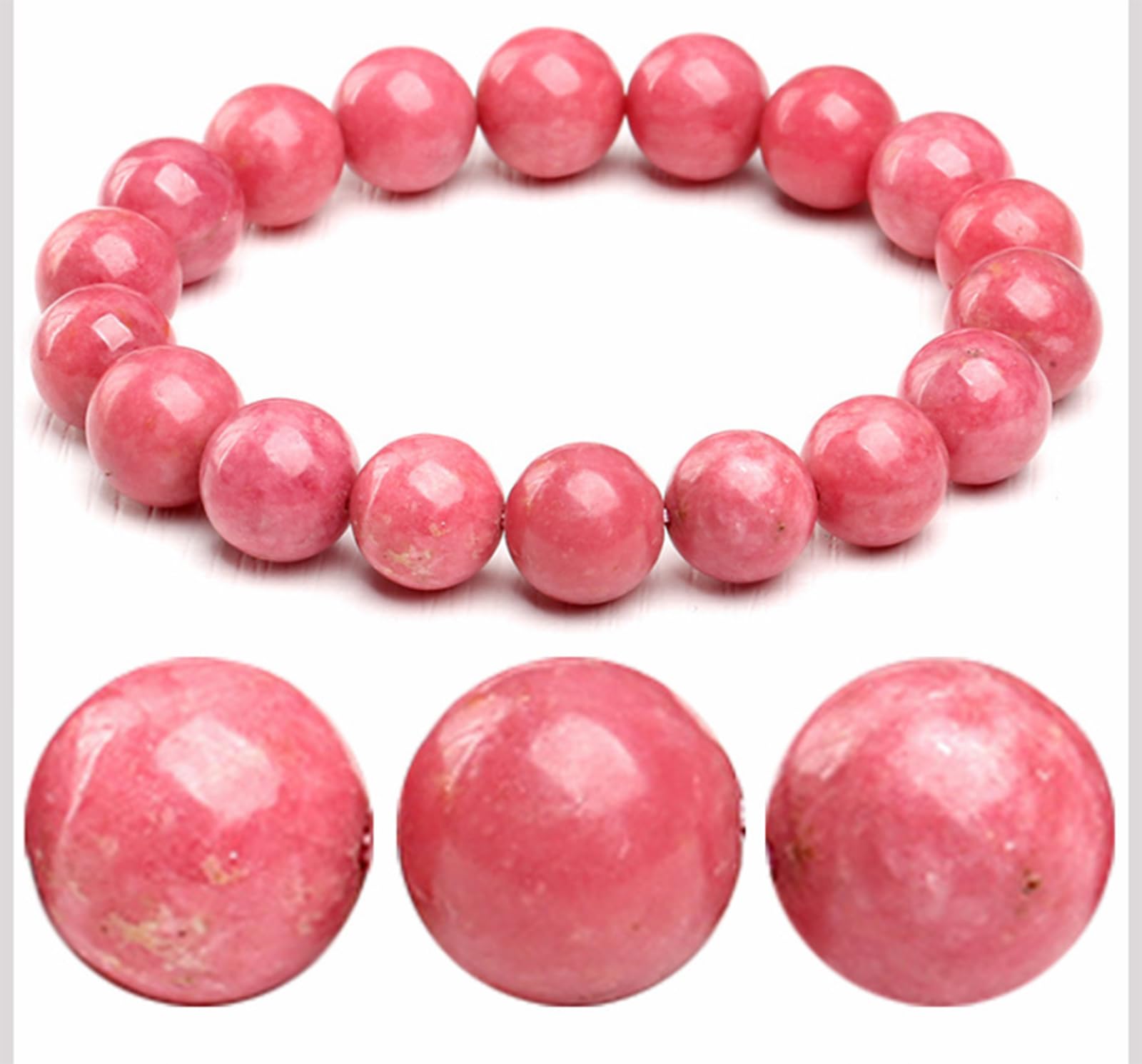 Natürliches rosa Rhodonit-Armband mit runden Perlen, Kristall-Edelstein-Armband, Naturstein-Perlen-Chakra-Armband, Kristallheilung, Geburtstagsgeschenke für Frauen,10mm