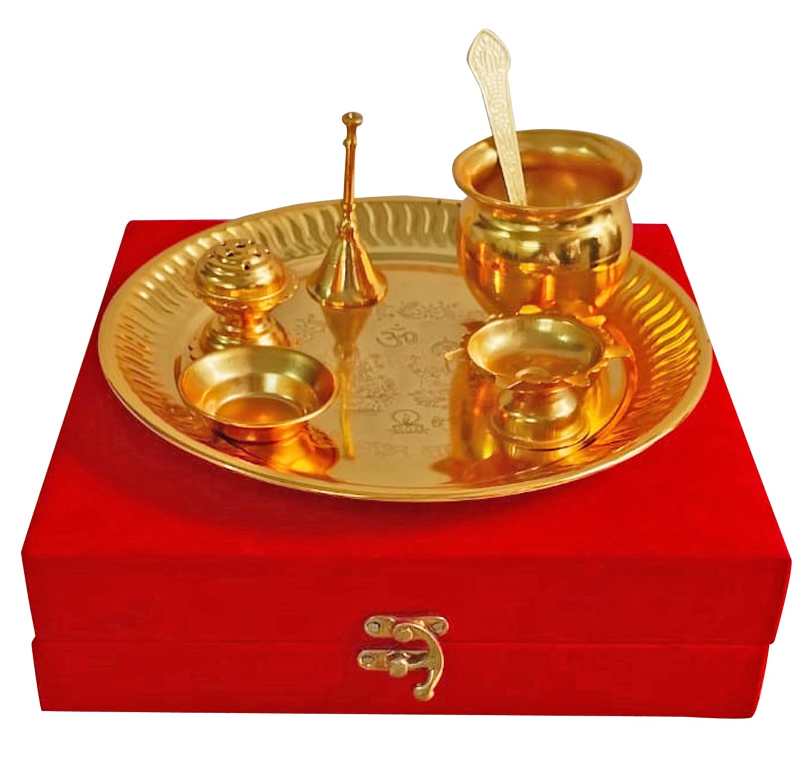 Pooja Thali Set 7 Piezas con Caja De Terciopelo Rojo Juego De Thali Tradicional Hecho A Mano para Pooja Arti Regalo Ocasional Indio Puja Thali 8.5 Pulgadas